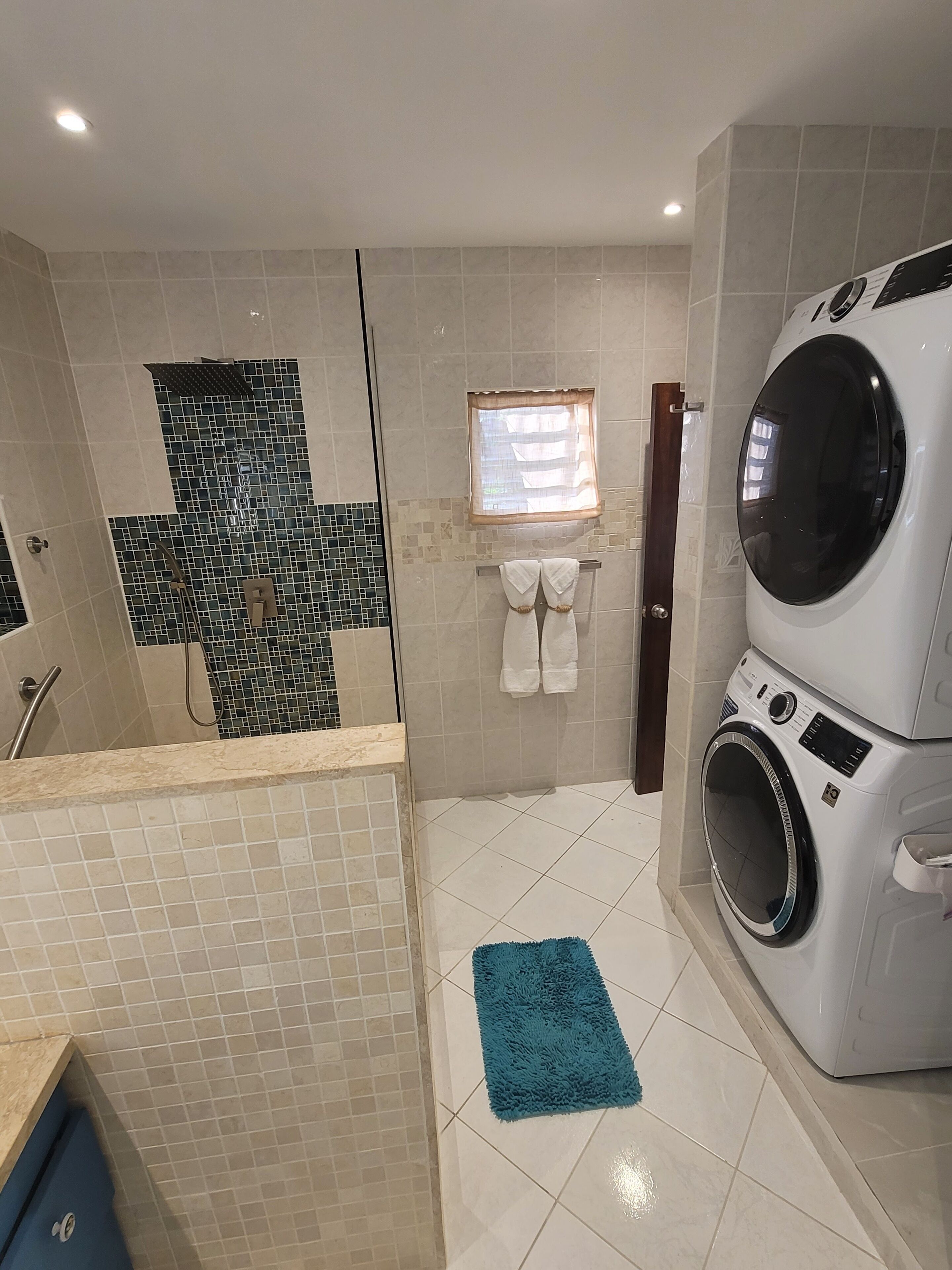 Hair dryer, towels, toilet paper