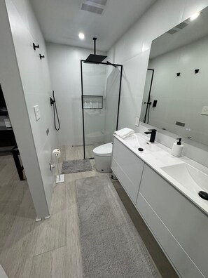 Regadera, toallas, jabón, papel de baño