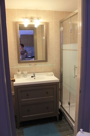 Douche, sèche-cheveux, serviettes fournies, papier toilette