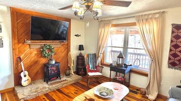 TV connectée, cheminée, livres