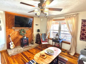 Smart TV, chimenea y libros 