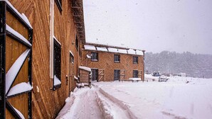 Un edificio di legno coperto di neve, con molte finestre e porte, un sentiero innevato che vi conduce e un paesaggio innevato sullo sfondo.