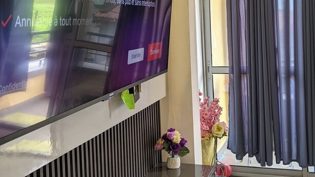 Ein modernes Wohnzimmer mit einem großen Flachbildfernseher an der Wand, einem Glastisch mit dekorativen Blumen und einem Blick auf einen Garten durch ein Fenster mit dunklen Vorhängen.