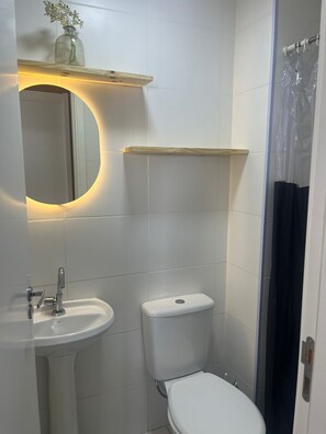 Chuveiro, secador de cabelo, papel higiênico 