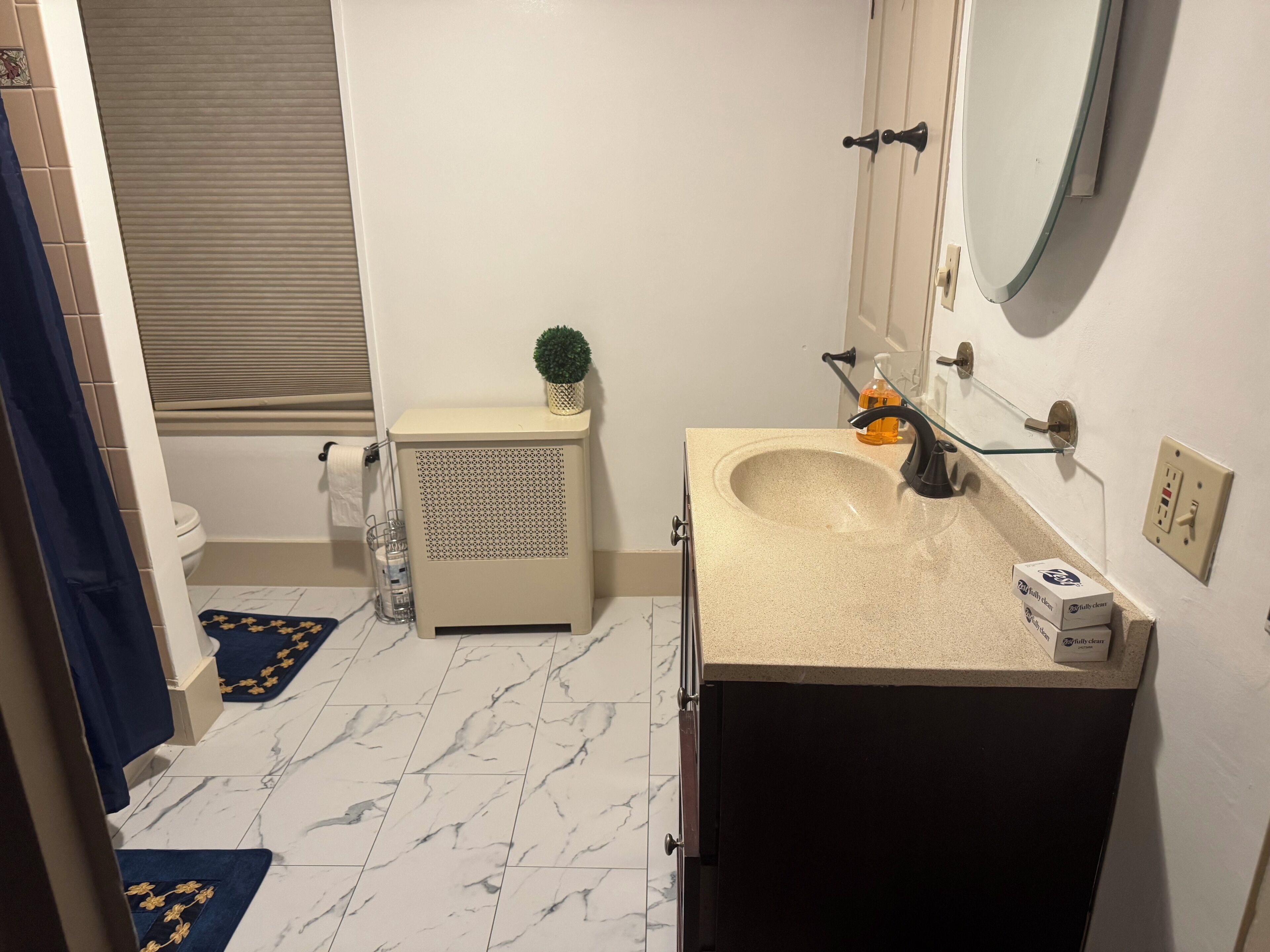 A bathroom with a marble floor, a sink with a mirror, a toilet, a small plant on a cabinet, and a blue mat.