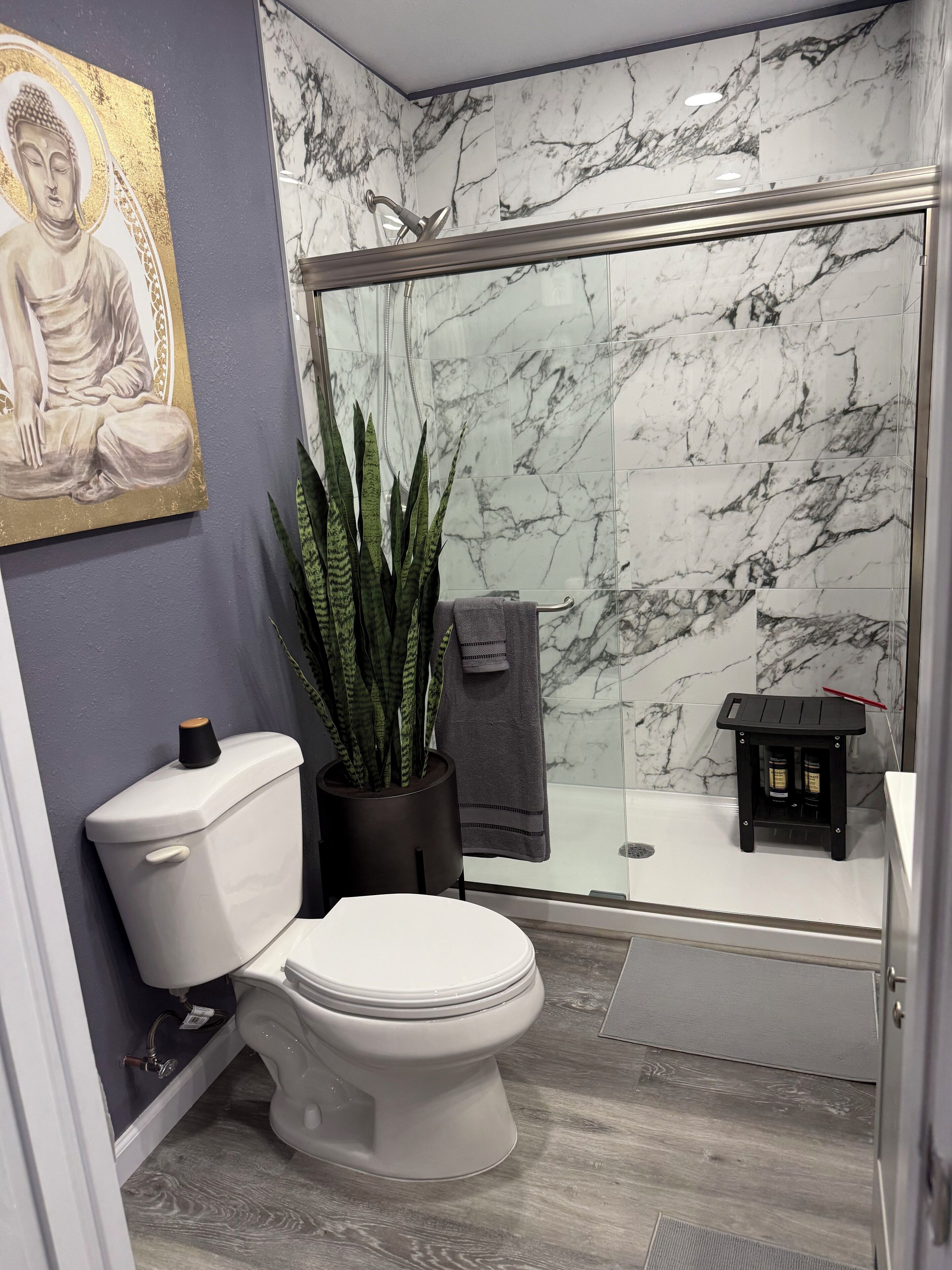 Hair dryer, towels, soap, toilet paper