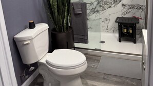 A modern bathroom with a toilet, a shower, and a marble wall.