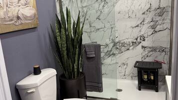 Hair dryer, towels, soap, toilet paper