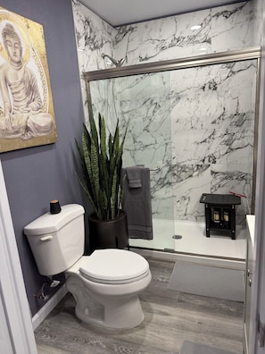 Hair dryer, towels, soap, toilet paper