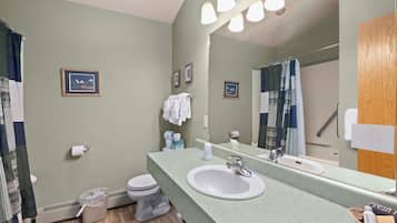 Hair dryer, towels, soap, toilet paper