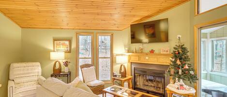 Télévision, cheminée, livres