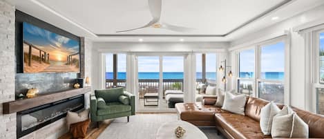 Smart TV, fireplace, books