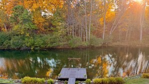 Eine friedliche Seelandschaft mit einem hölzernen Steg, der sich ins Wasser erstreckt, umgeben von Herbstlaub.