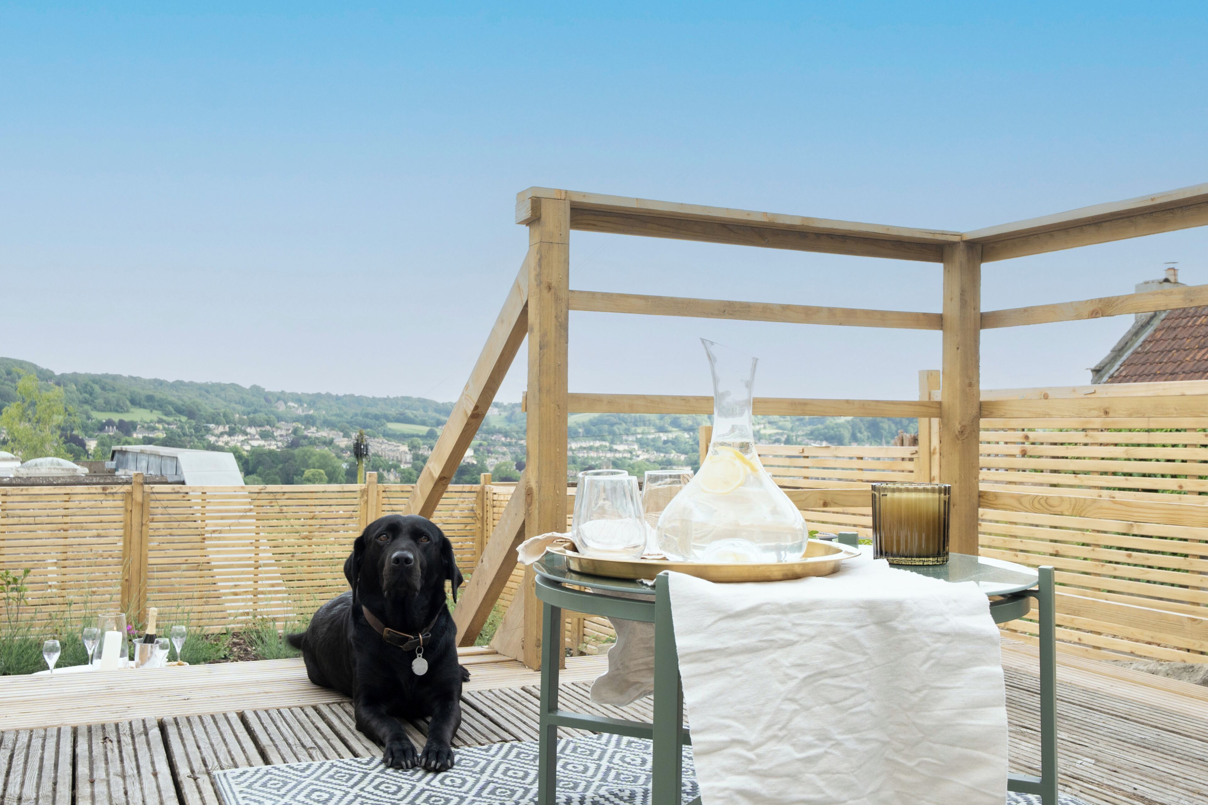 Een houten terras met een hond, een tafel met dienblad en een fles.