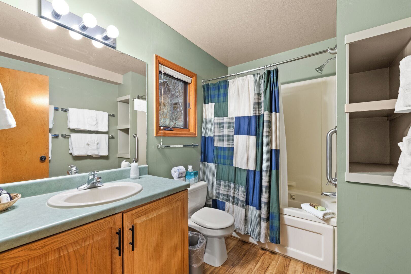 Hair dryer, towels, soap, toilet paper