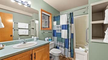 Hair dryer, towels, soap, toilet paper
