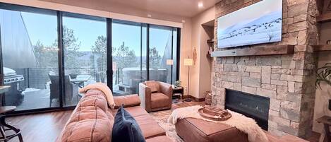 Smart TV, fireplace, books