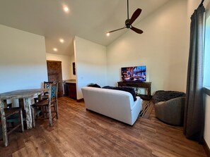 Smart TV, chimenea y libros 