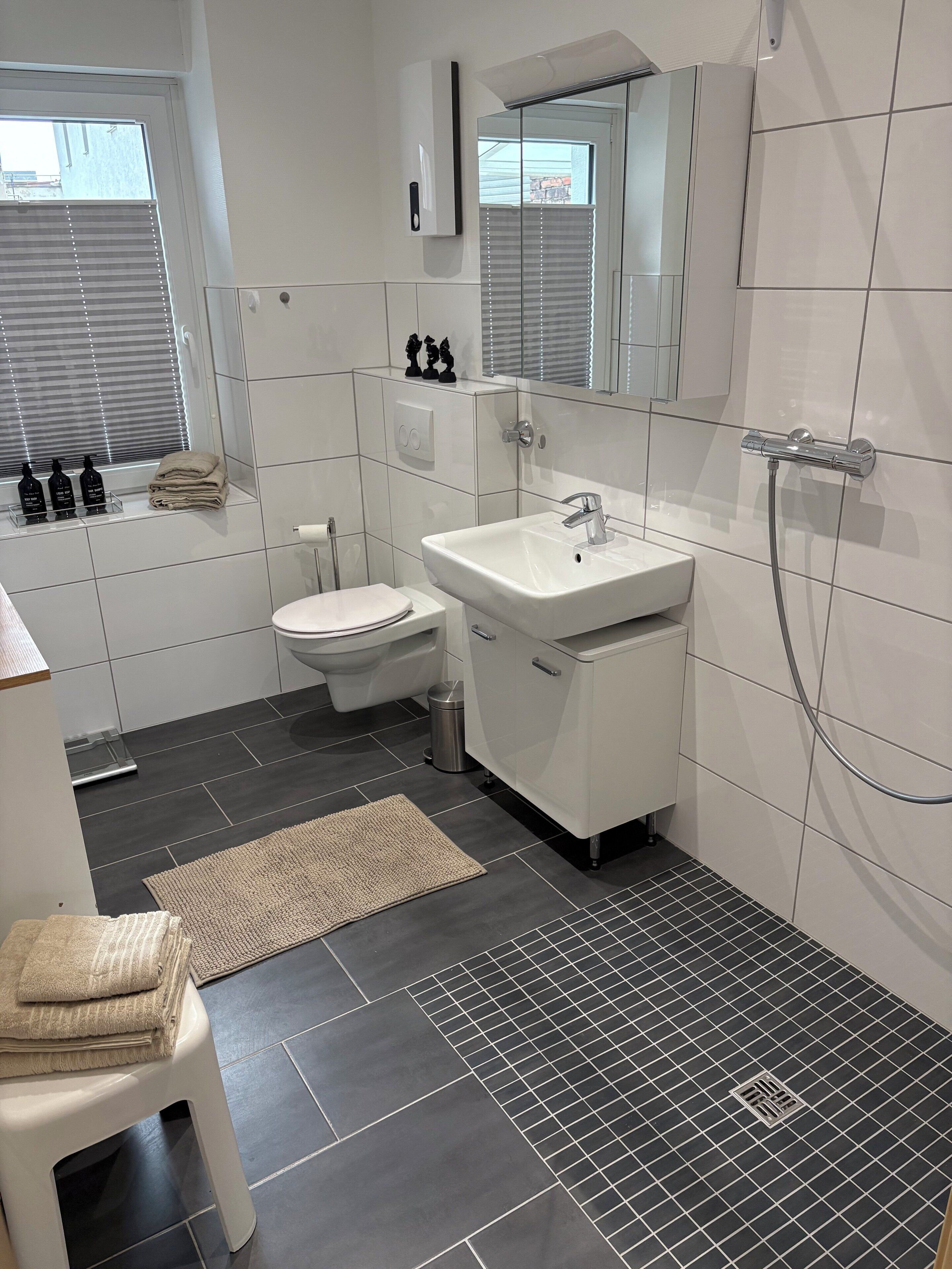 Dusche, Haartrockner, Handtücher, Seife