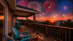 Terrace/patio - Stunning OBX 6BR Estate, Pool, Spa, Game Room, Fire Pit & Volleyball (Salvo)