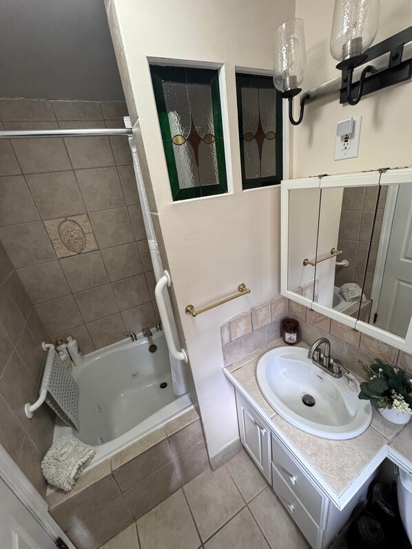 Hair dryer, towels, soap, toilet paper