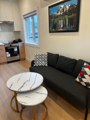 Living area - New 2BR Garden Suite with AC and private patio (Burnaby)