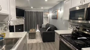 Eine moderne Küche mit Einbauofen, Mikrowelle und Edelstahlgeräten. Im Wohnbereich befindet sich ein graues Sofa und ein kleiner Couchtisch.