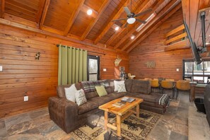 Smart TV, fireplace, books