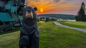 Een beerbeeld voor een gebouw, met een zonsondergang op de achtergrond.