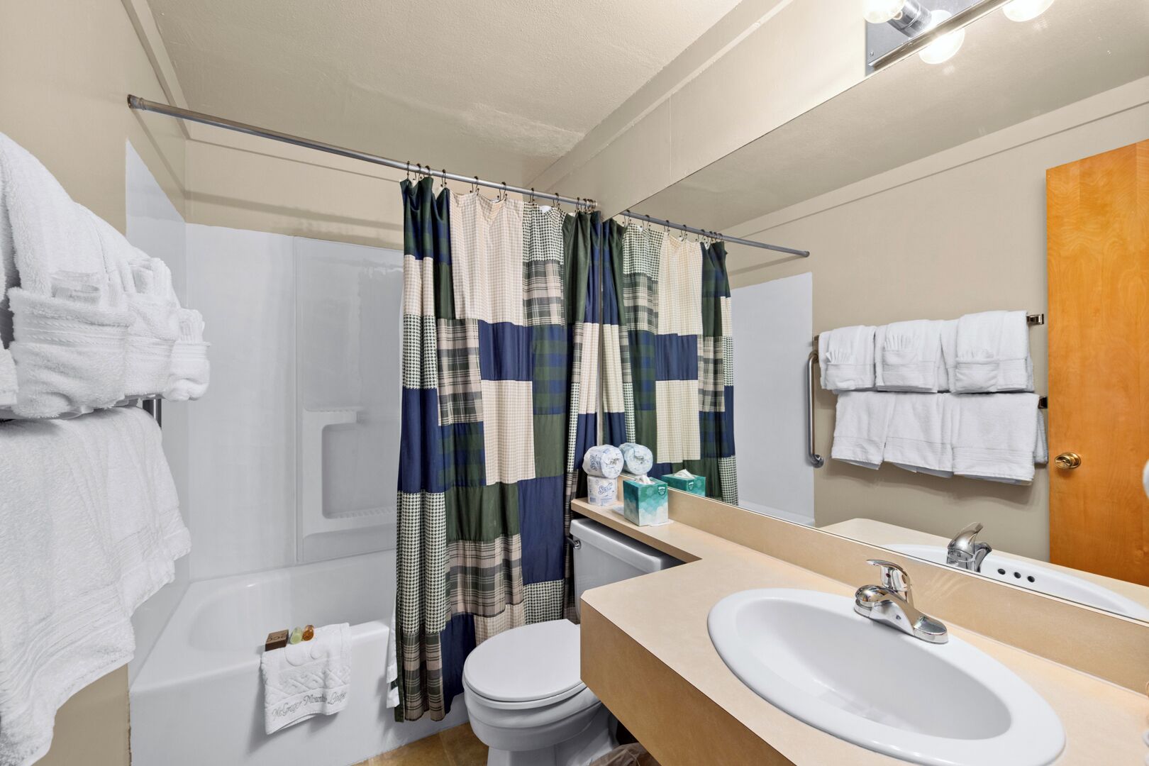 Hair dryer, towels, soap, toilet paper