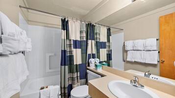 Hair dryer, towels, soap, toilet paper