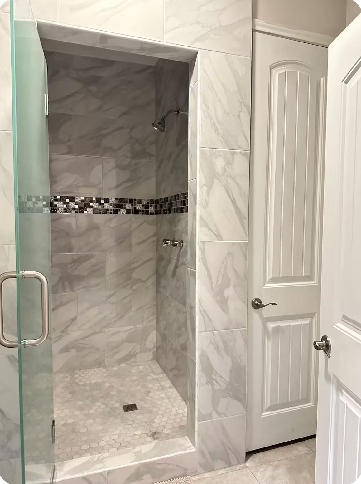 Shower, towels, soap, toilet paper