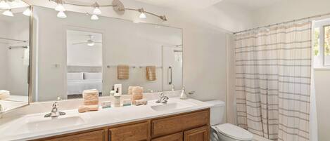 Shower, hair dryer, towels, shampoo