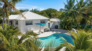 A house with a swimming pool, surrounded by palm trees and greenery. - Twins Villa - Mellizo A - Wonderful 2-bedroom villa with AC in Long Bay Hills (Long Bay Hills)