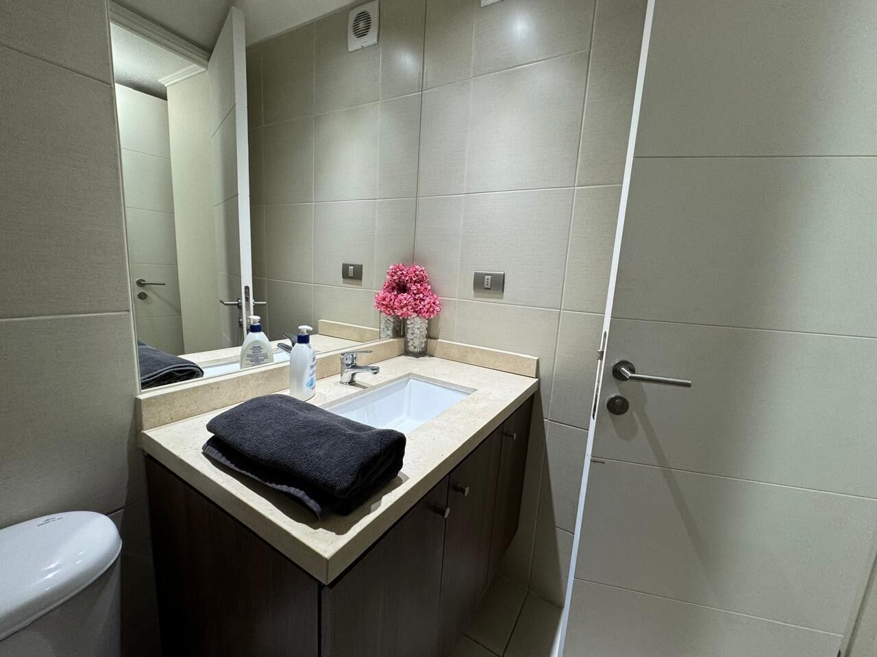 Hair dryer, towels, soap, toilet paper