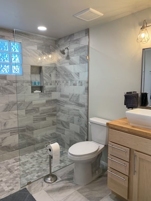 Shower, hair dryer, towels, soap