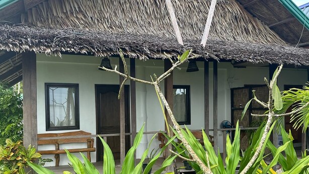 Una casa con techo de paja, un porche de madera y un jardín con plantas tropicales.