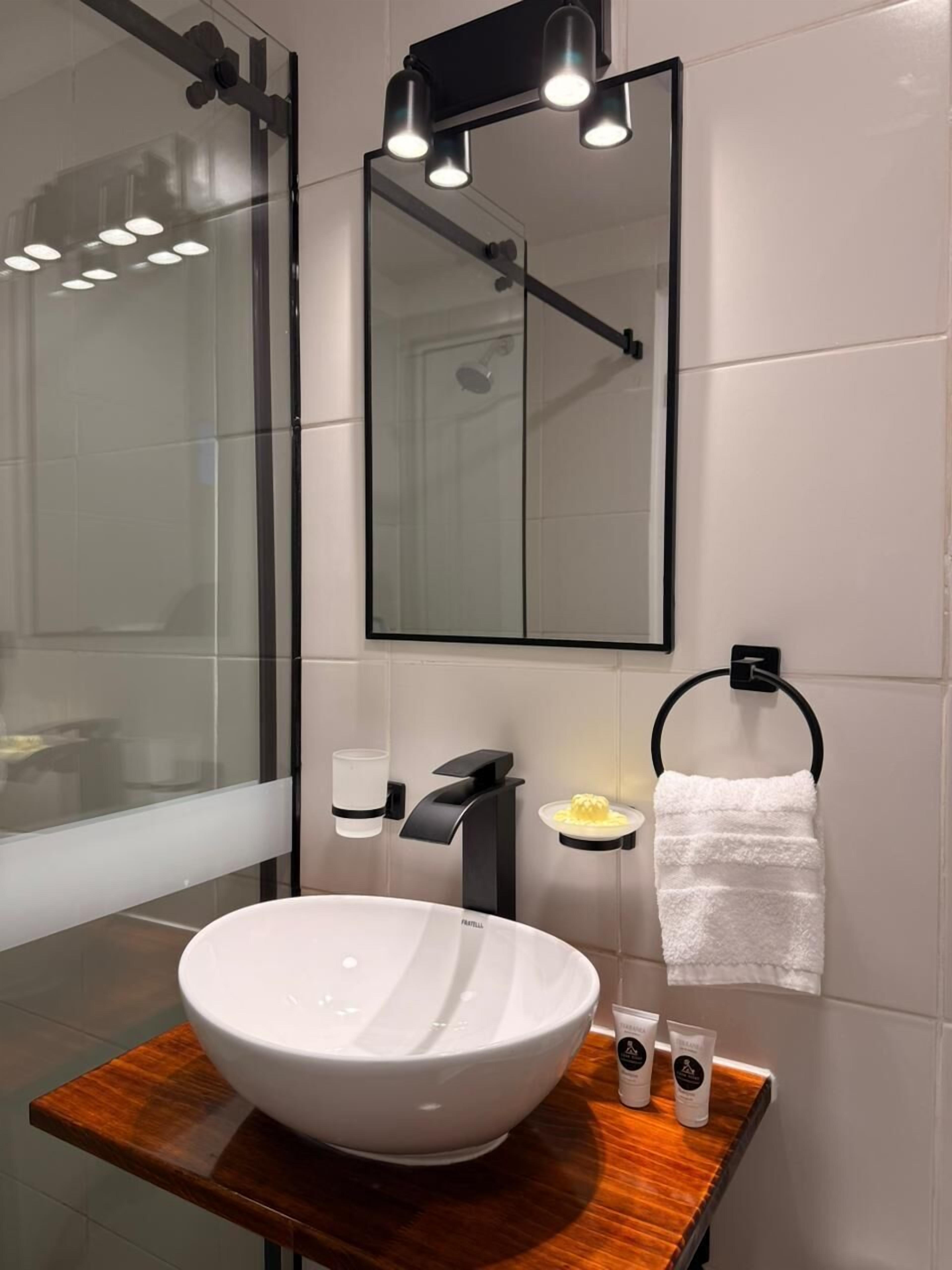 Habitación estándar | Baño | Ducha, secador de pelo, toallas y jabón