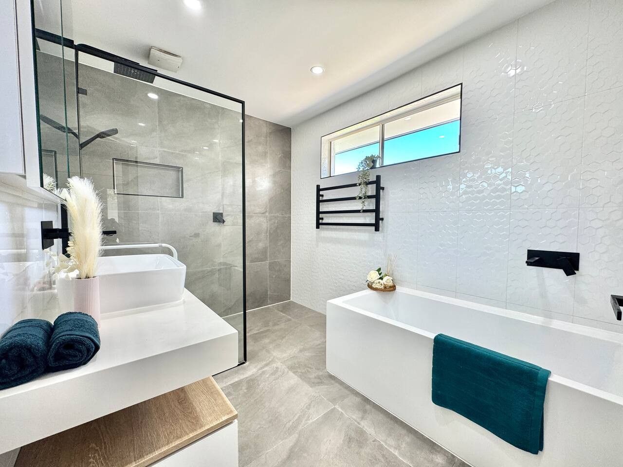 Hair dryer, towels, soap, toilet paper