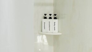 Un baño con ducha, un perchero y tres artículos de aseo en un estante.