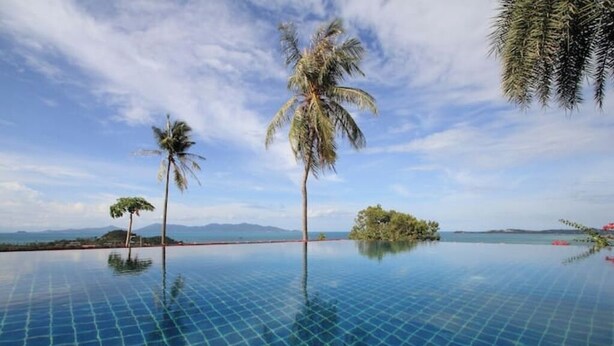 A clear blue infinity pool with palm trees and a view of distant mountains.