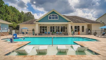 Seasonal outdoor pool, pool loungers
