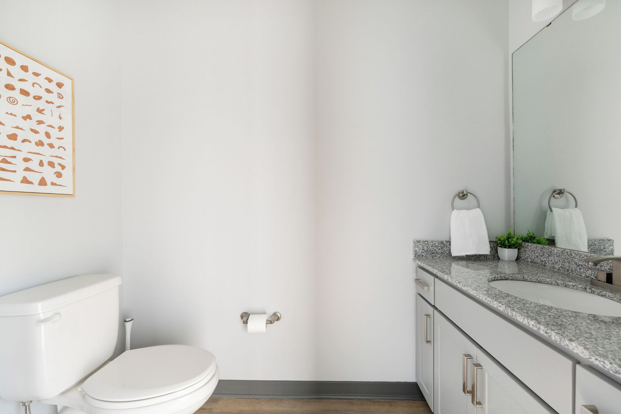 A modern bathroom with a toilet, sink, and mirror.