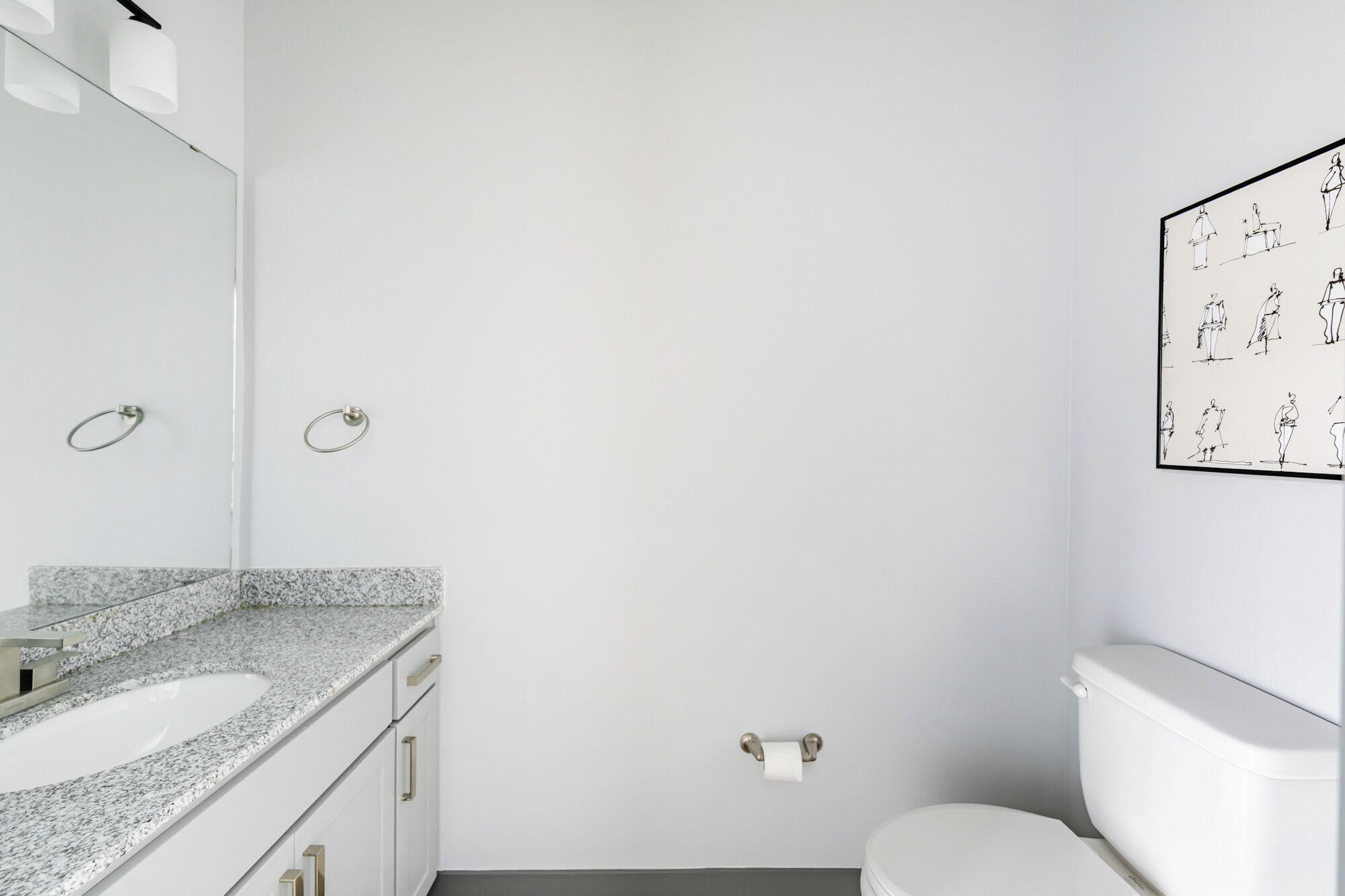 Ein modernes Badezimmer mit einer Granit-Arbeitsplatte, einer Toilette und einem Wand-Toilettenpapierhalter.