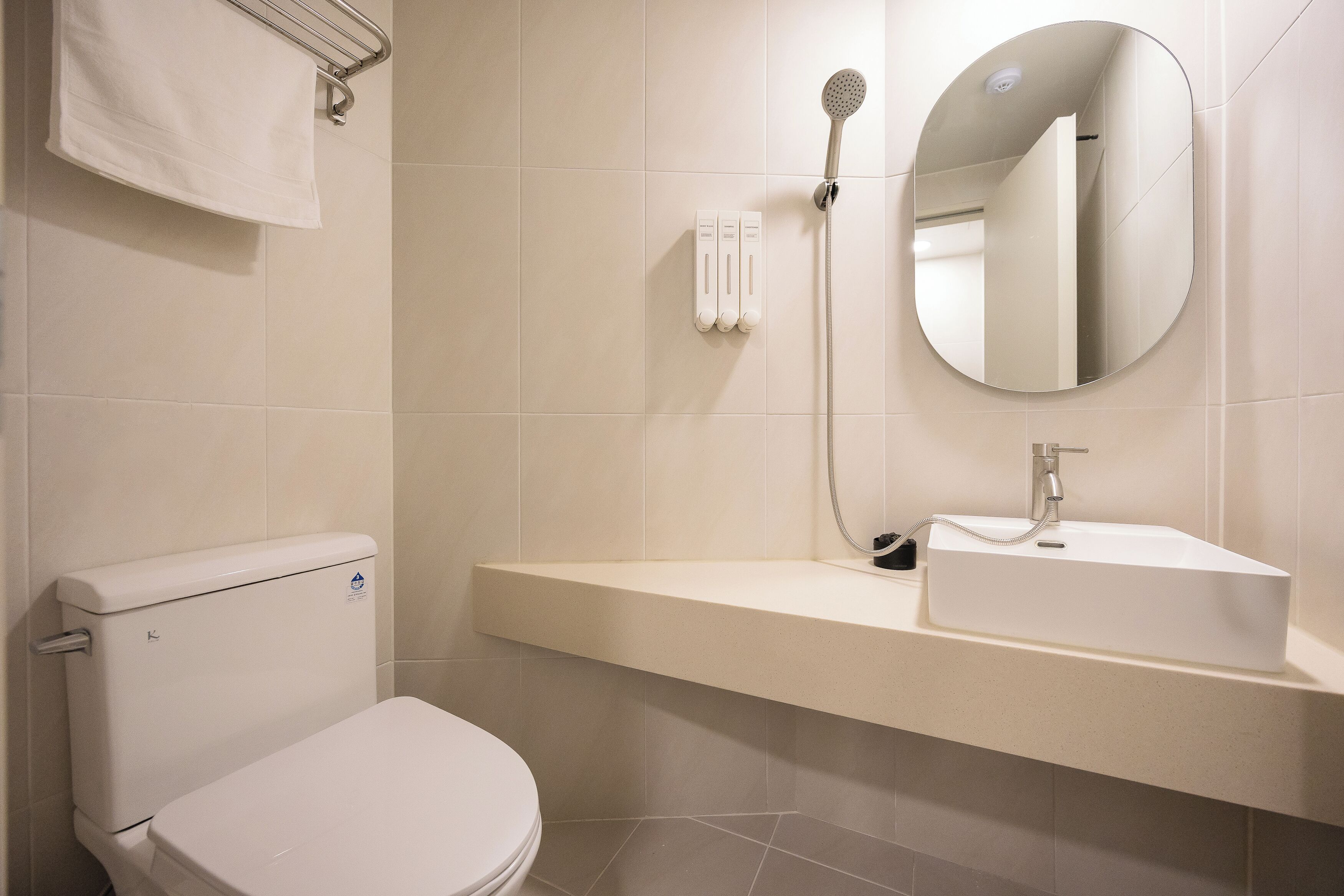 A modern bathroom with a toilet, a sink, and a shower.
