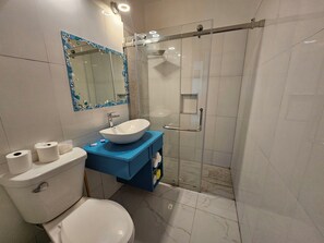 Regadera, toallas, jabón, papel de baño 
