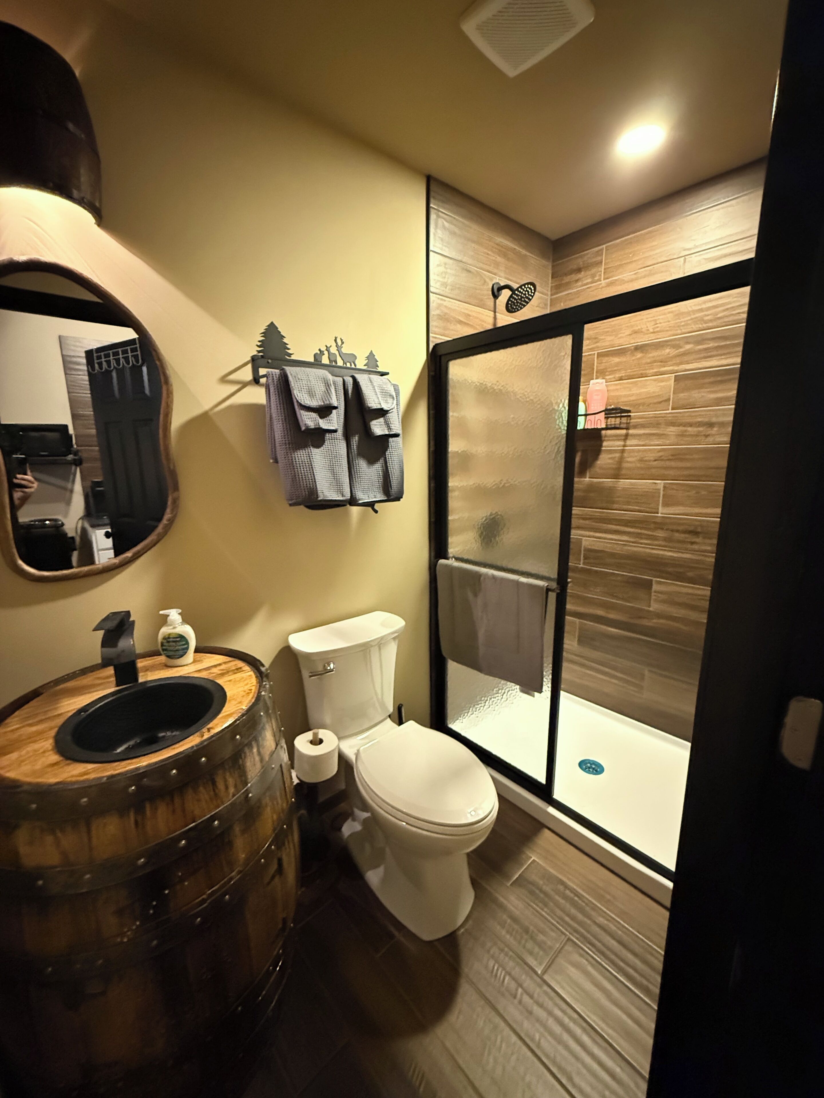 Dusch, hårtork, handdukar och tvål