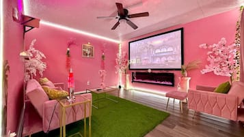 Smart TV, fireplace, video games, stereo