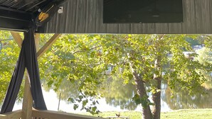 A ceiling fan, a TV, and a view of a lake with trees. - Large Pond View, 2 min to Lake! Hot tub (Nancy)