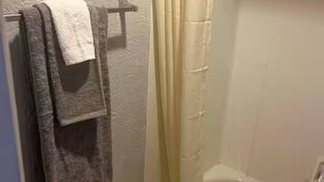 Hair dryer, towels, toilet paper